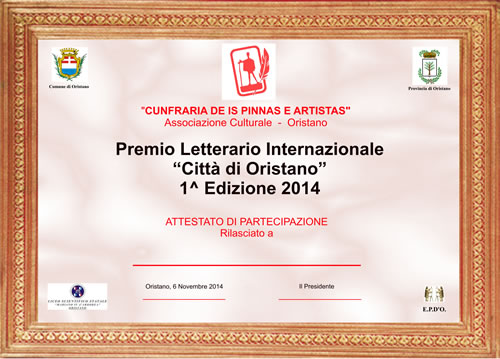 Attestato di partecipazione Premio Letterario Città di Oristano